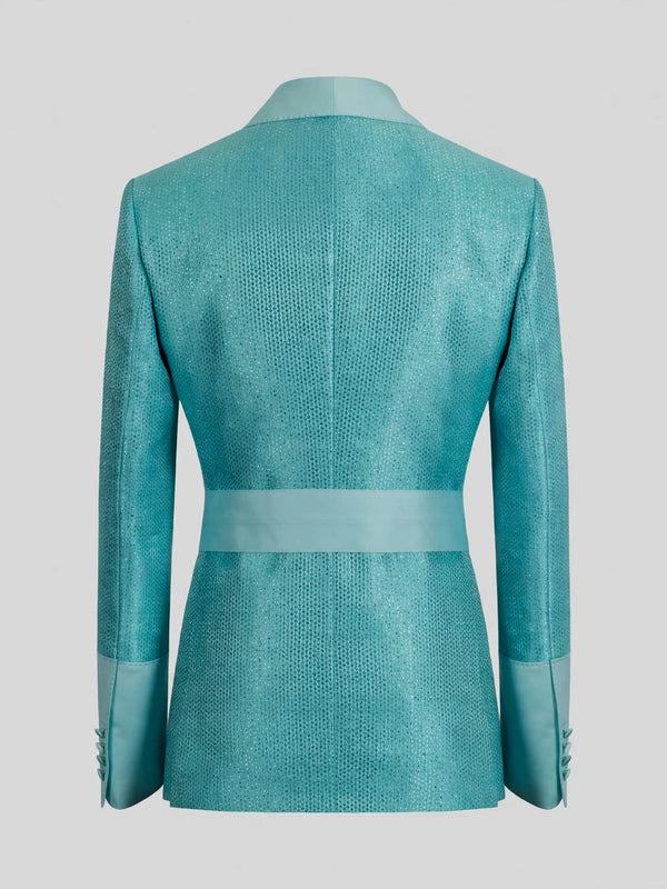 Aqua Mint Micro-Weave Satin Sash-Belt Shawl-Collar Tuxedo Jacket 09