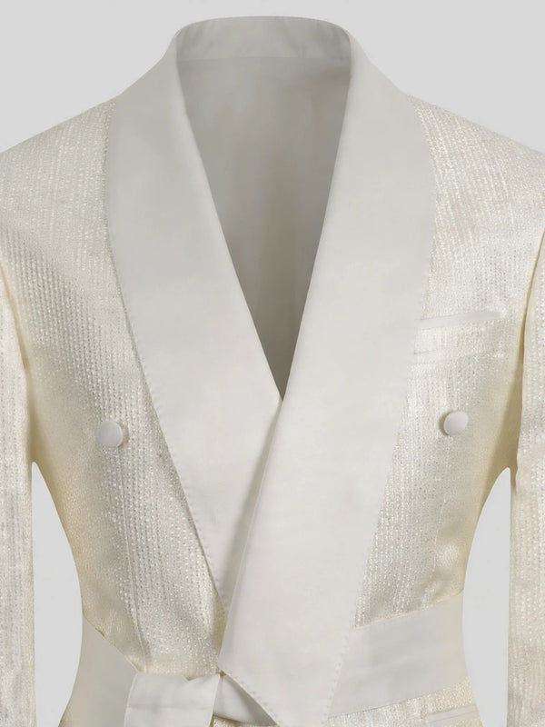 Ivory Cream Micro-Weave Satin Shawl-Collar Belted Double-Breasted Tuxedo Jacket 08