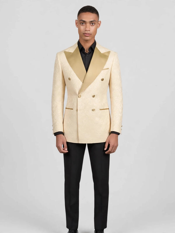Champagne Paisley-Jacquard Gold Satin Peak-Lapel Six-Button Double-Breasted Tuxedo Jacket 04