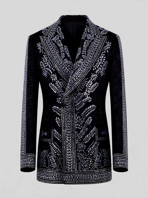 Onyx Silver Fern Crystal Peak-Lapel Double-Breasted Tuxedo Jacket 07
