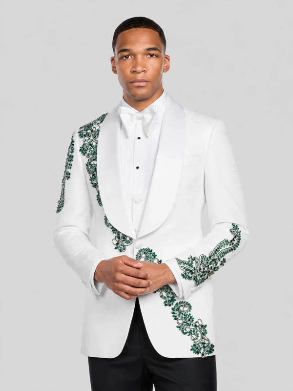 Ivory Emerald Crystal Shawl-Collar Tuxedo Jacket 03