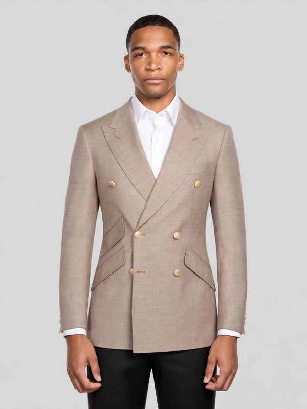 Taupe Gold-Button Slant-Flap Peak-Lapel Double-Breasted Suit Jacket 01