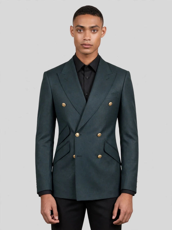 Slate Teal Gold-Button Slant-Flap Peak-Lapel Double-Breasted Suit Jacket 04