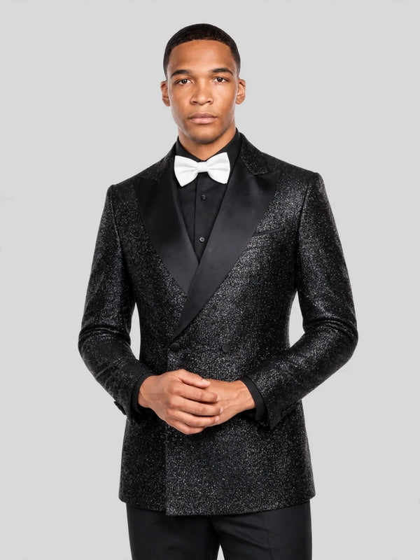 Onyx Silver-Speckle Satin Peak-Lapel Two-Button Double-Breasted Tuxedo Jacket 05