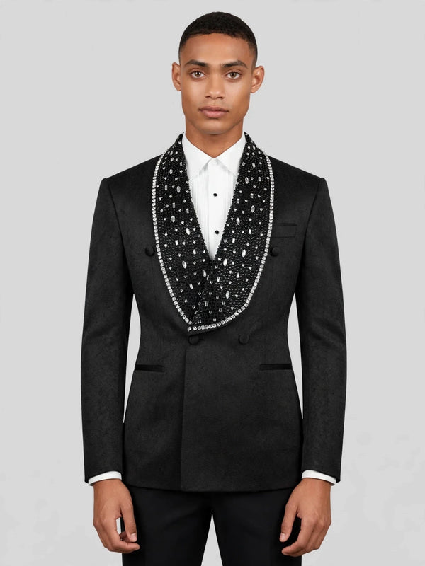 Onyx Silver Crystal-Scatter Beaded Shawl-Collar Double-Breasted Tuxedo Jacket 01