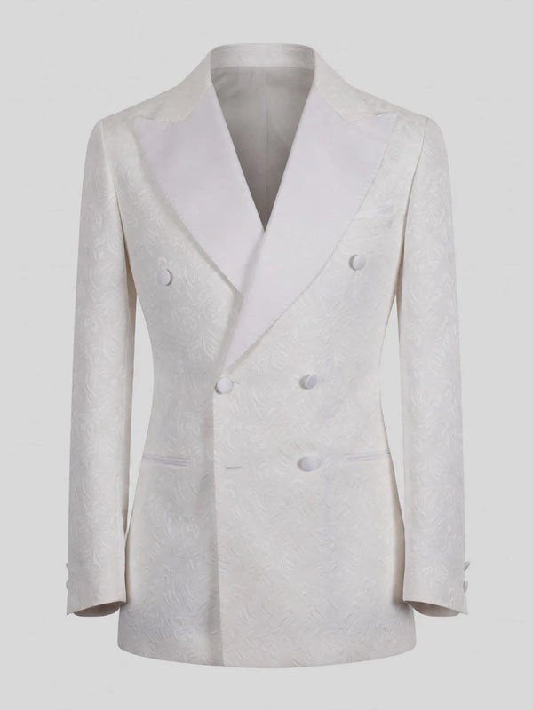 Snow White Paisley-Jacquard Satin Peak-Lapel Six-Button Double-Breasted Tuxedo Jacket 07