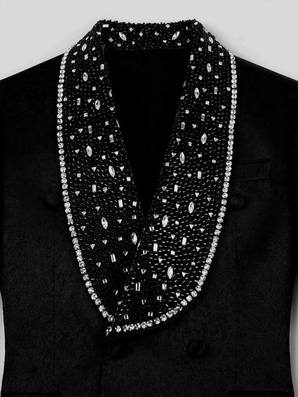 Onyx Silver Crystal-Scatter Beaded Shawl-Collar Double-Breasted Tuxedo Jacket 08
