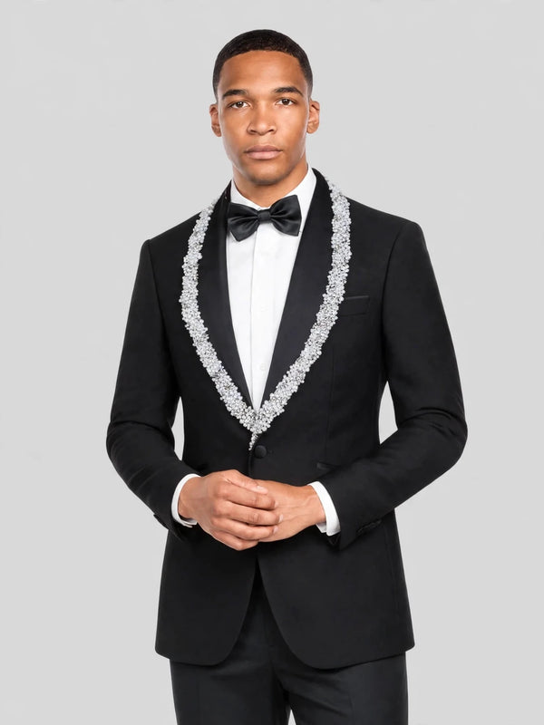 Onyx Silver Crystal Cluster Shawl-Collar Tuxedo Jacket 02