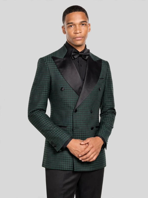 Forest Green Houndstooth Satin Peak-Lapel Six-Button Double-Breasted Tuxedo Jacket 06