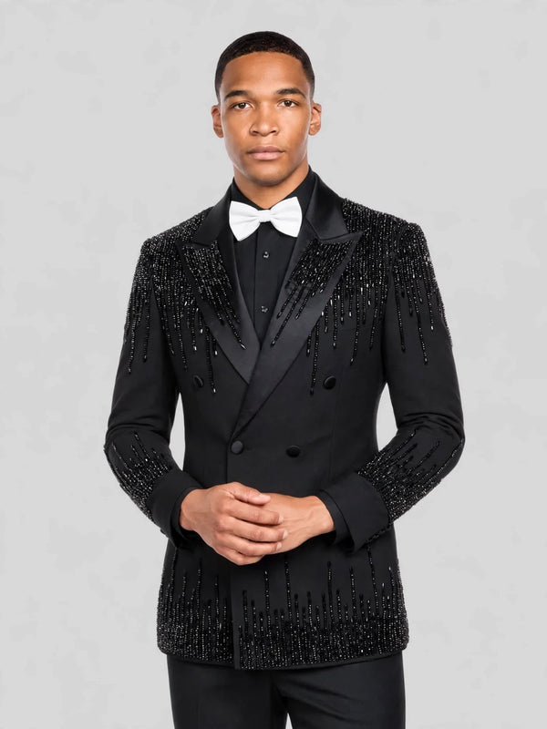 Onyx Jet Bead-Cascade Peak-Lapel Double-Breasted Tuxedo Jacket 05