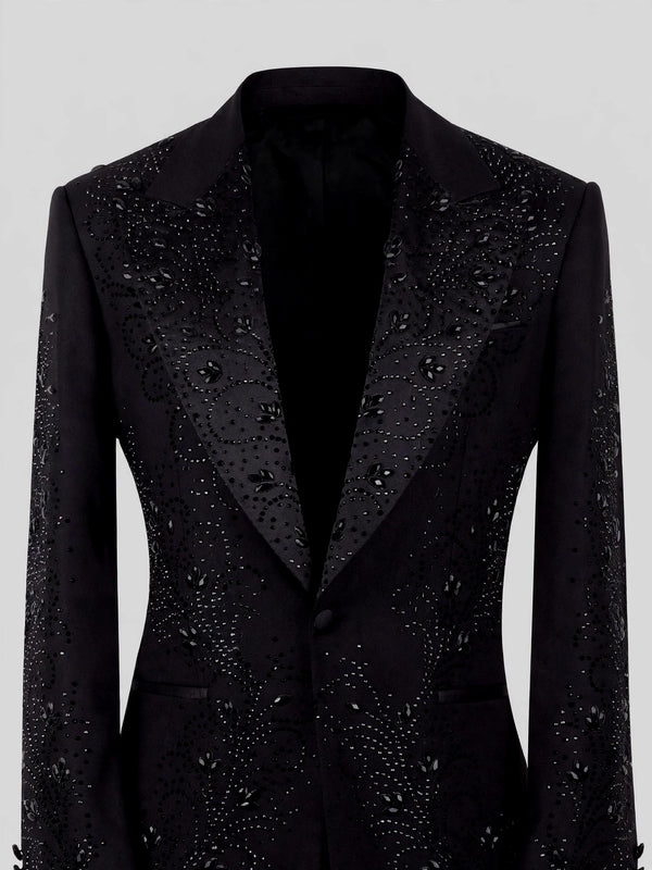 Onyx Jet Paisley-Scatter Peak-Lapel Tuxedo Jacket 08