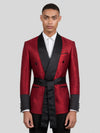 Crimson Shimmer Satin Shawl-Collar Sash-Belt Two-Button Double-Breasted Tuxedo Jacket 01