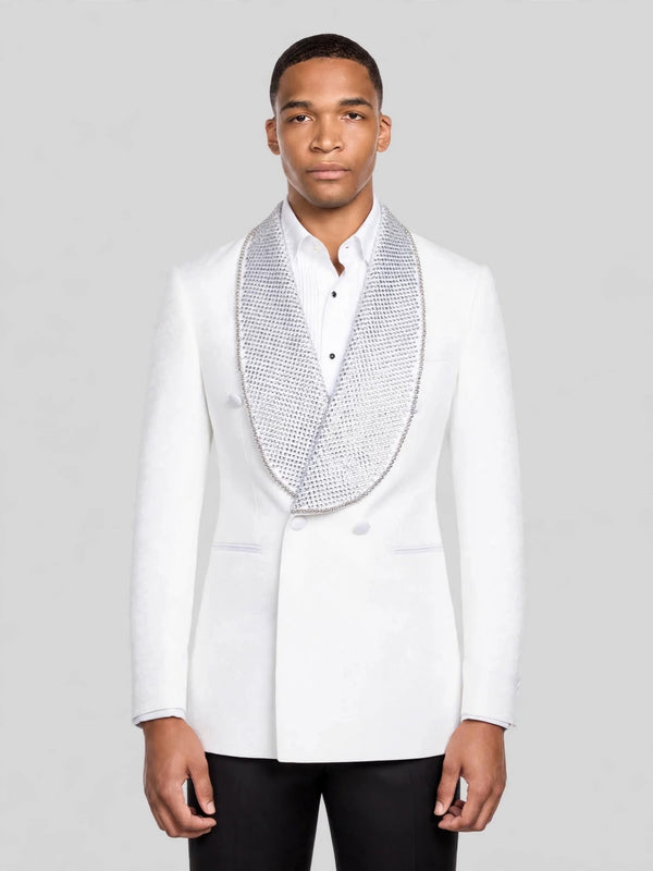 Ivory Crystal-Mesh Shawl-Collar Double-Breasted Tuxedo Jacket 01