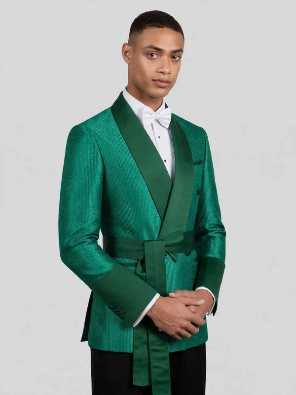 Emerald Micro-Dot Dark-Green Satin Shawl-Collar Belted Double-Breasted Tuxedo Jacket 03