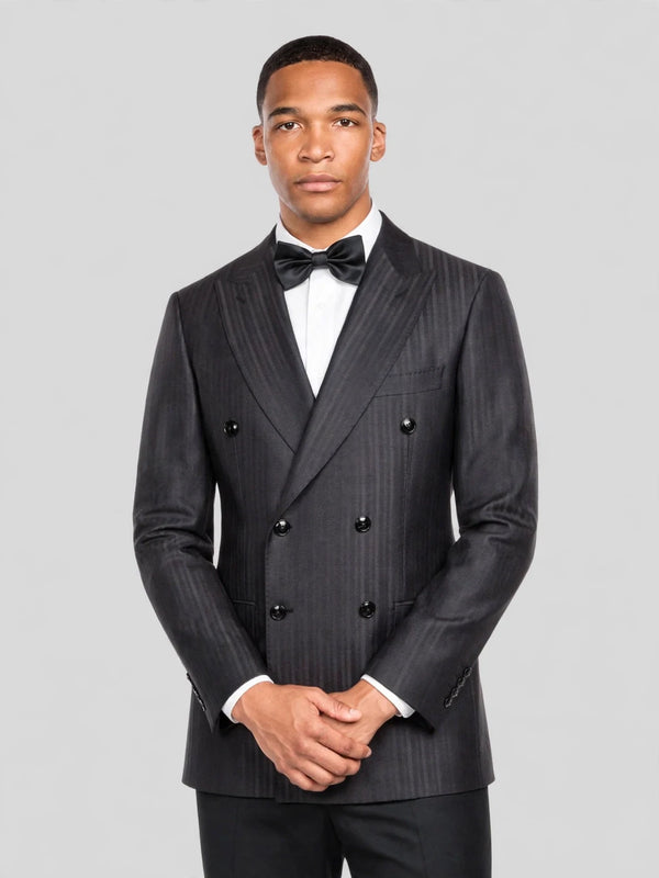 Charcoal Shadow-Stripe Six-Button Peak-Lapel Double-Breasted Suit Jacket 02