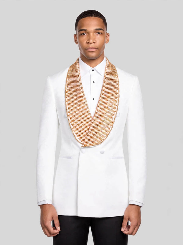 Ivory Gold Crystal-Mesh Shawl-Collar Double-Breasted Tuxedo Jacket 01