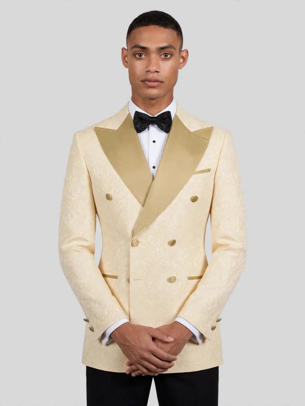 Champagne Paisley-Jacquard Gold Satin Peak-Lapel Six-Button Double-Breasted Tuxedo Jacket 02