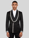 Onyx Matte Silver Crystal-Trim Shawl-Collar Double-Breasted Tuxedo Jacket 01