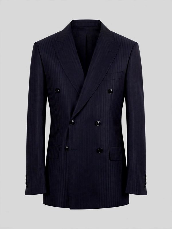 Midnight Navy Tonal Shadow-Stripe Six-Button Peak-Lapel Double-Breasted Suit Jacket 07