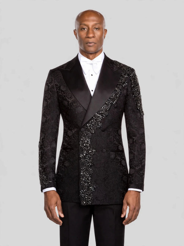 Onyx Silver Jet Diagonal Peak-Lapel Double-Breasted Tuxedo Jacket - cover