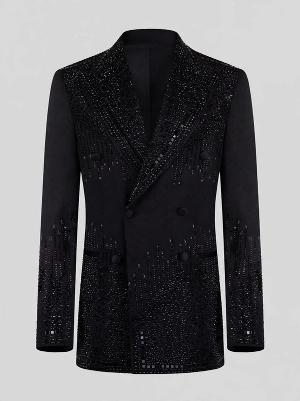 Onyx Jet Beaded Drip Peak-Lapel Double-Breasted Tuxedo Jacket 07