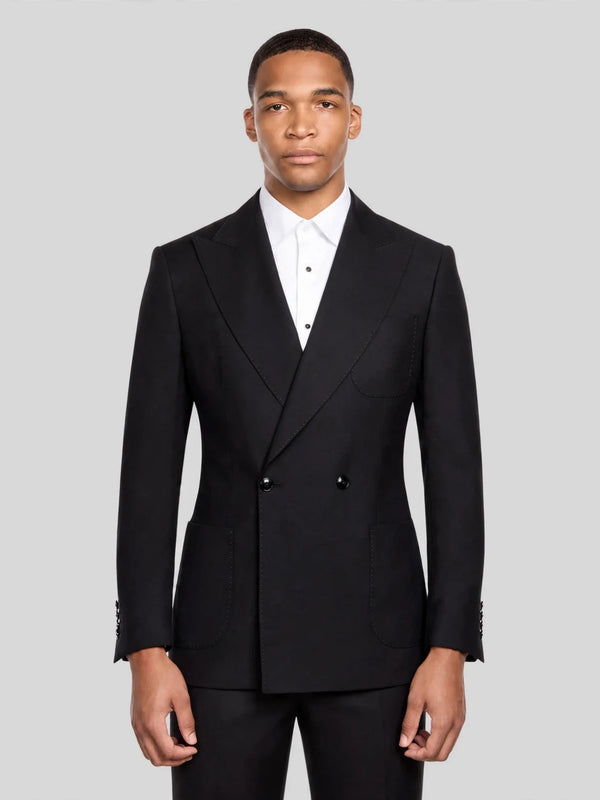 Onyx Fine Pick-Stitch Patch-Pocket Peak-Lapel Double-Breasted Tuxedo Jacket 01