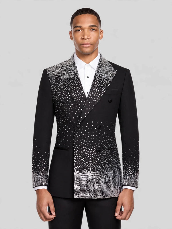 Onyx Silver Crystal-Dot Diagonal Peak-Lapel Double-Breasted Tuxedo Jacket 01