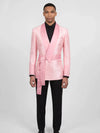 Blush Pink Silver-Speckle Satin Sash-Belt Shawl-Collar Tuxedo Jacket 04