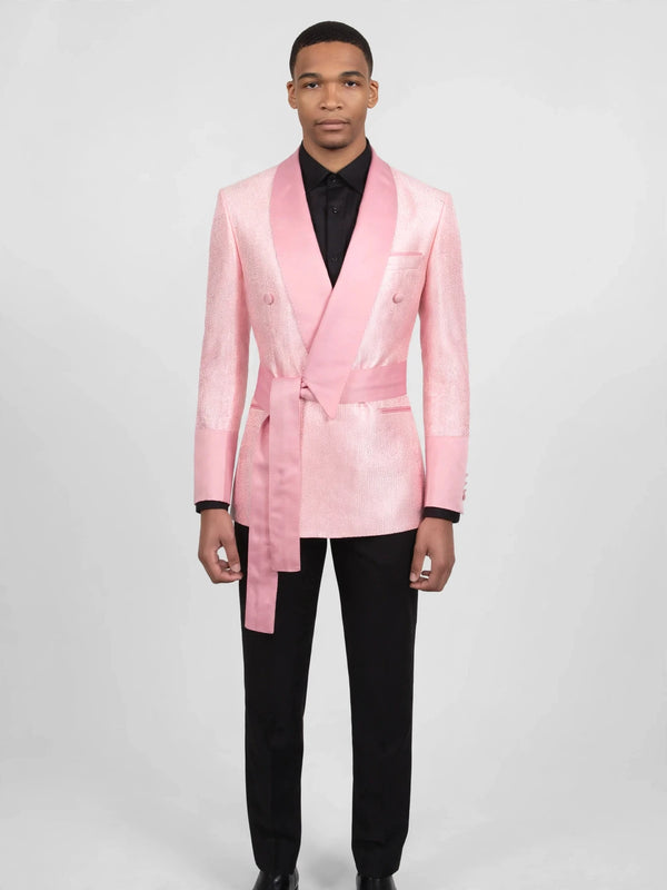 Blush Pink Silver-Speckle Satin Sash-Belt Shawl-Collar Tuxedo Jacket 04