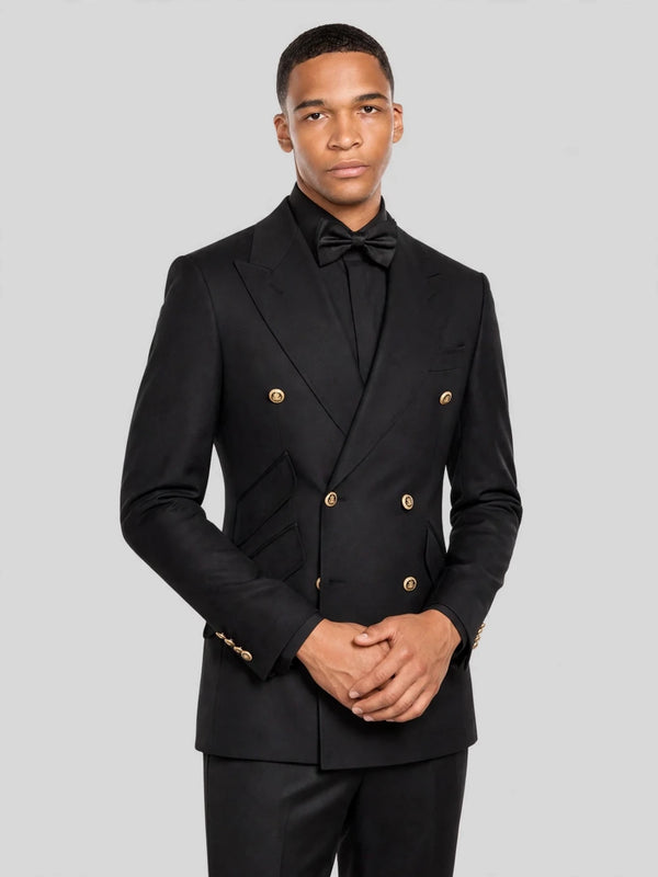 Onyx Gold-Button Slant-Flap Peak-Lapel Double-Breasted Suit Jacket 06
