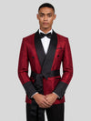 Crimson Shimmer Satin Shawl-Collar Sash-Belt Two-Button Double-Breasted Tuxedo Jacket 02