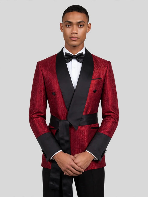 Crimson Shimmer Satin Shawl-Collar Sash-Belt Two-Button Double-Breasted Tuxedo Jacket 02