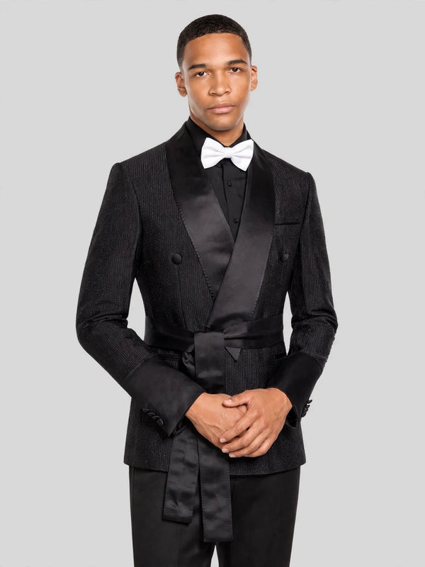 Onyx Ribbed-Weave Satin Shawl-Collar Sash-Belt Two-Button Double-Breasted Tuxedo Jacket 05