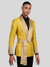 Mustard Gold Belted Satin Shawl-Collar Two-Button Double-Breasted Tuxedo Jacket 06