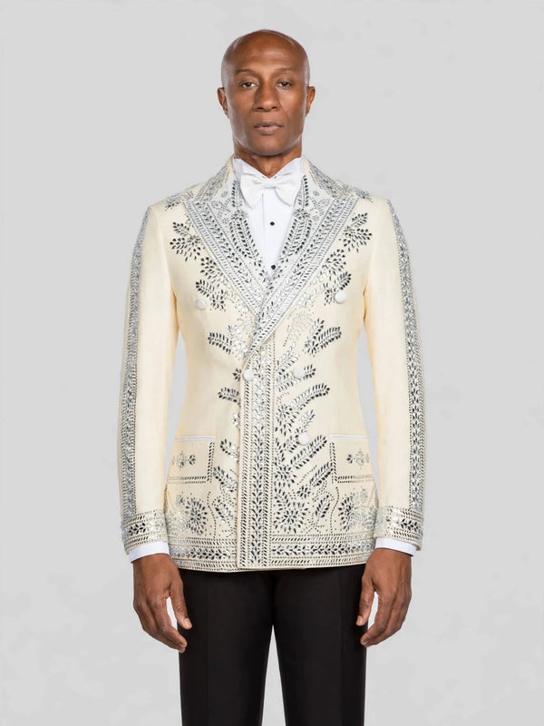 Cream Silver Mirror-Leaf Peak-Lapel Double-Breasted Tuxedo Jacket - cover