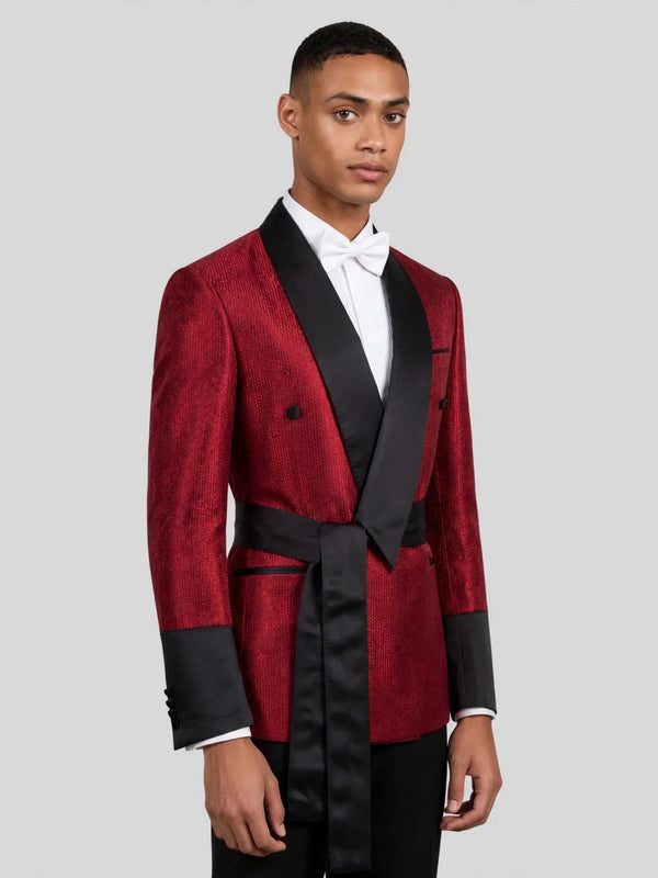 Crimson Shimmer Satin Shawl-Collar Sash-Belt Two-Button Double-Breasted Tuxedo Jacket 03