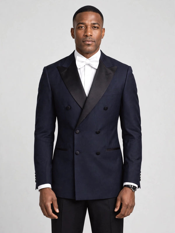 Midnight Navy Satin Peak-Lapel Six-Button Double-Breasted Tuxedo Jacket - cover