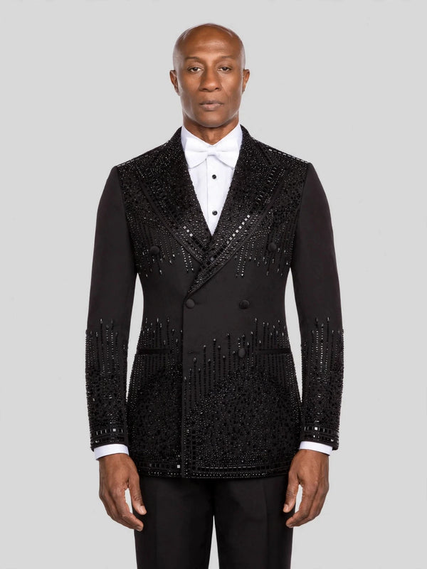 Onyx Jet Bead-Cascade Peak-Lapel Double-Breasted Tuxedo Jacket - cover
