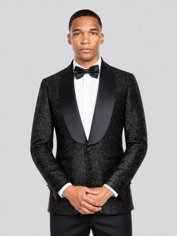 Onyx Glitter-Tweed Satin Shawl-Collar Single-Button Tuxedo Jacket 02