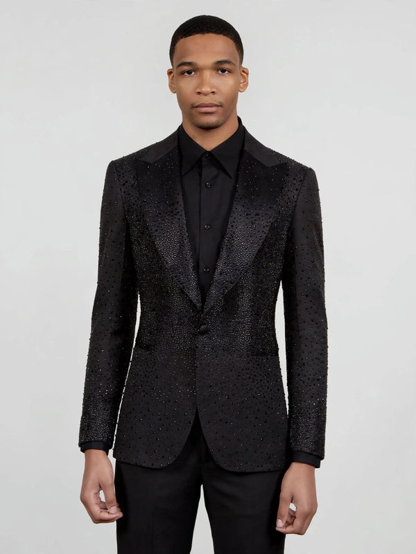 Onyx Jet Crystal-Dot Peak-Lapel Tuxedo Jacket 04