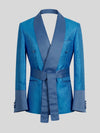 Turquoise Micro-Weave Dusty-Blue Satin Shawl-Collar Belted Double-Breasted Tuxedo Jacket 07