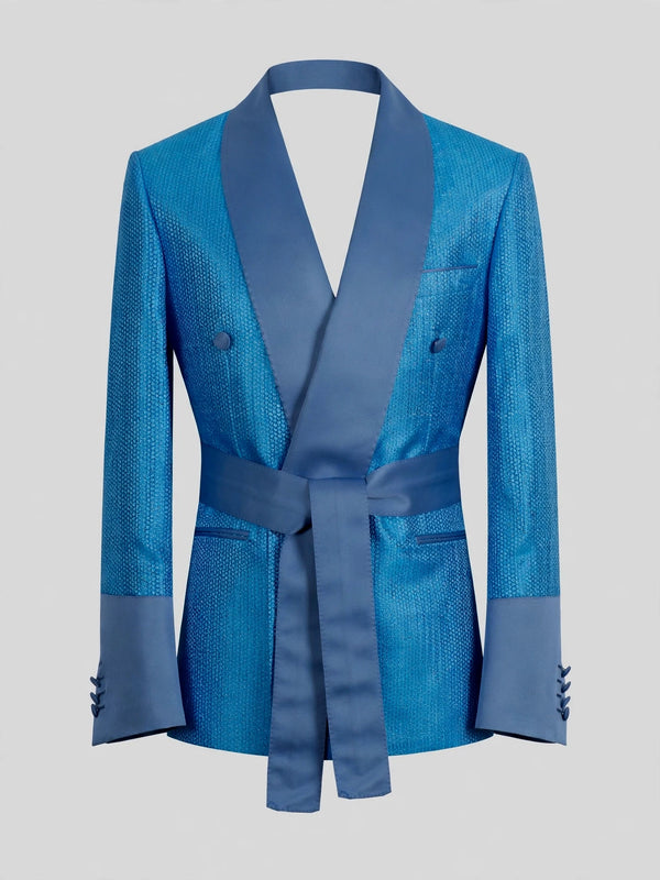 Turquoise Micro-Weave Dusty-Blue Satin Shawl-Collar Belted Double-Breasted Tuxedo Jacket 07