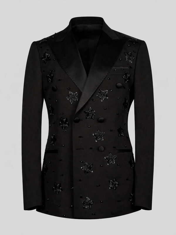 Onyx Jet Star-Bead Peak-Lapel Double-Breasted Tuxedo Jacket 07