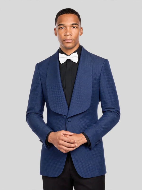 Royal Sapphire Diamond-Textured Shawl-Collar Tuxedo Jacket 05