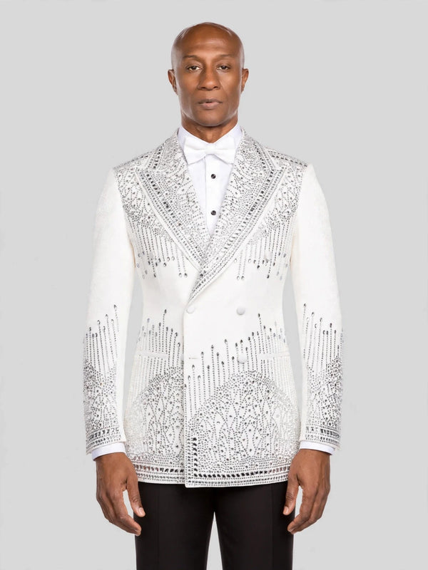 Ivory Silver Crystal Drip Peak-Lapel Double-Breasted Tuxedo Jacket - cover