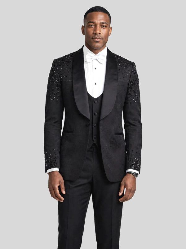 Onyx Jet Scatter Shawl-Collar Tuxedo Jacket - cover
