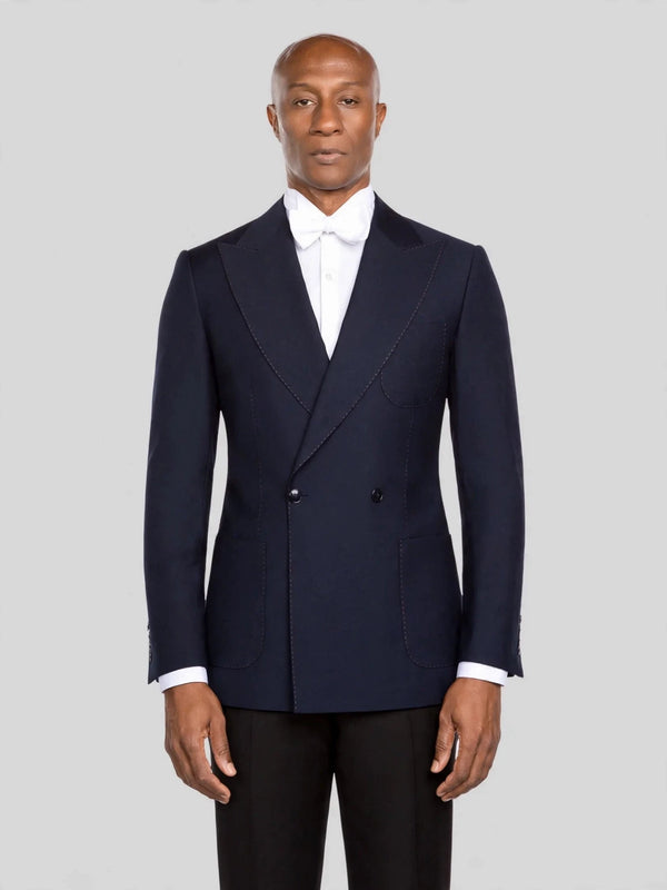 Midnight Navy Patch-Pocket Pick-Stitch Peak-Lapel Double-Breasted Tuxedo Jacket - cover