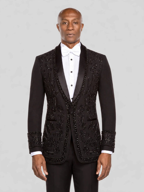Onyx Jet Beaded Floral-Scroll Shawl-Collar Tuxedo Jacket - cover