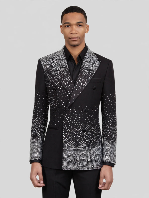 Onyx Silver Crystal-Dot Diagonal Peak-Lapel Double-Breasted Tuxedo Jacket 04