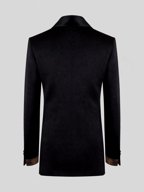 Onyx Gold Beaded-Grid Shawl-Collar Double-Breasted Tuxedo Jacket 09